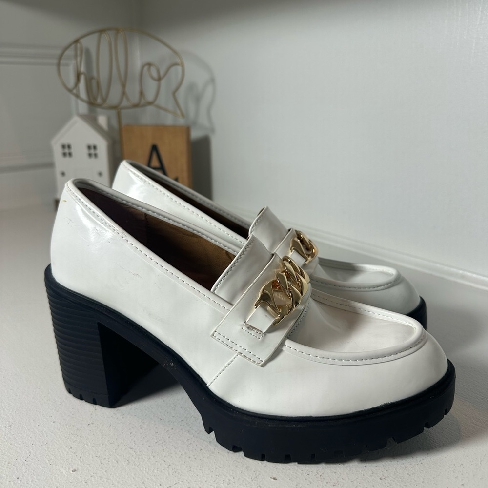 Steve Madden White Platform Loafers Women’s Size 10 Chunky Heel Chain Detail - Picture 4 of 10